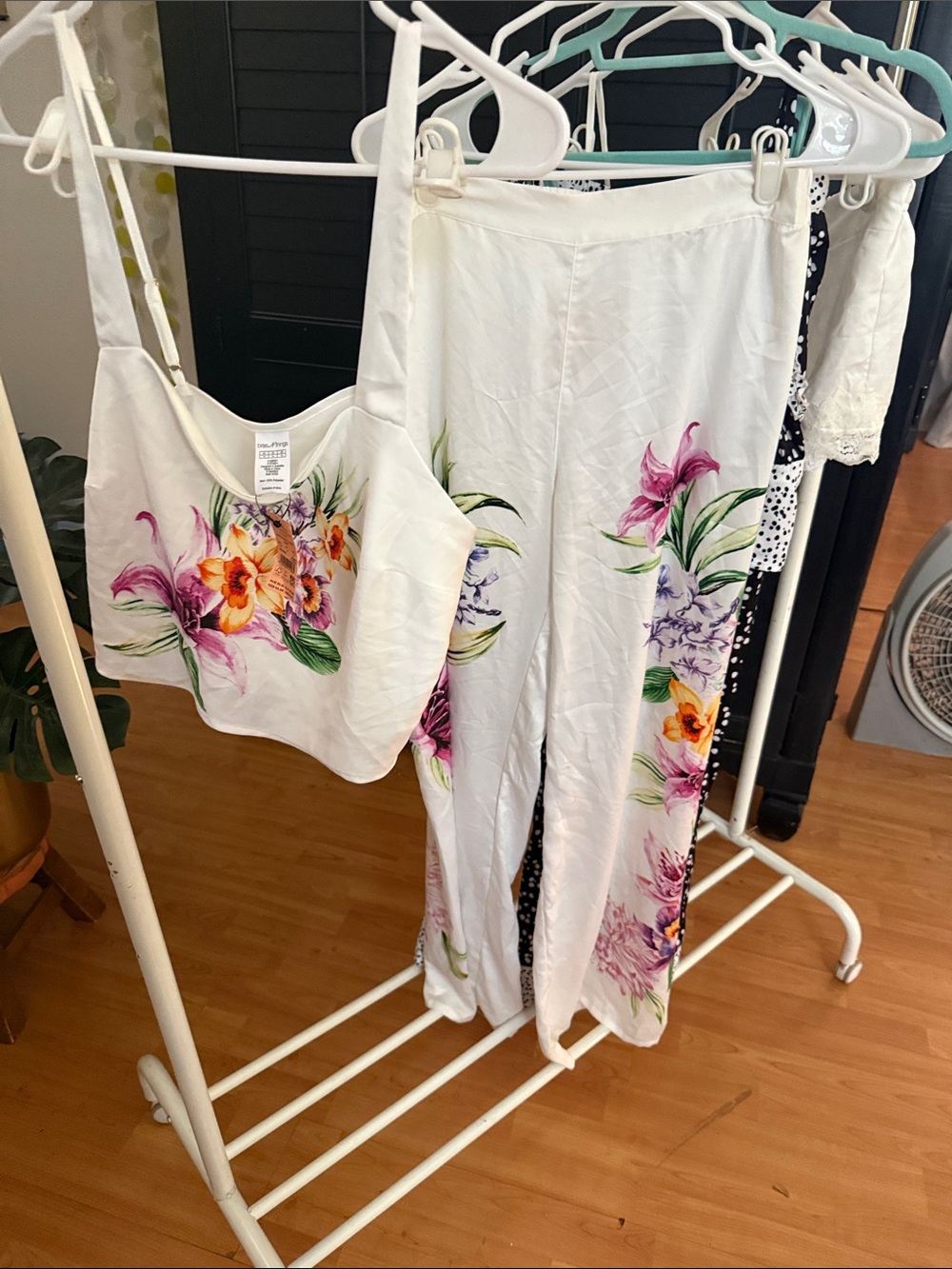 Bras N Things White Floral Crop Cami & Wide leg pant with Pink and Green Print